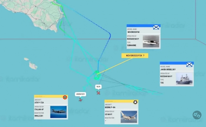 Итальянский ATR P-72A и американский P-8A Poseidon были подняты с базы Сигонелла в связи с «возможным проходом российской подлодки близ Сицилии»